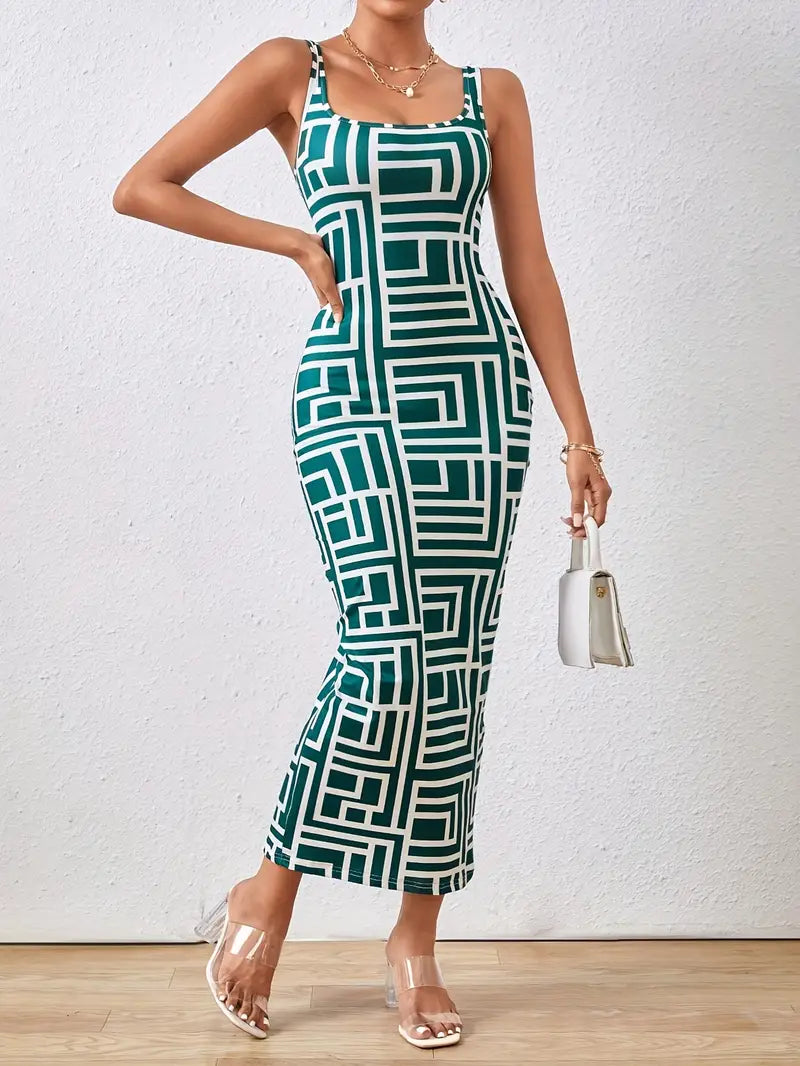 Charlotte - Bodycon kjole med geometrisk trykk og tynne spaghettistropper