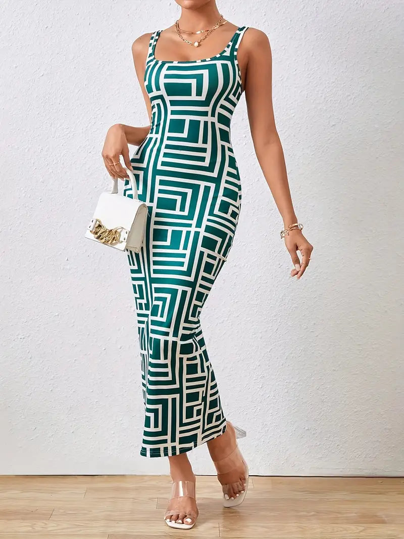 Charlotte - Bodycon kjole med geometrisk trykk og tynne spaghettistropper